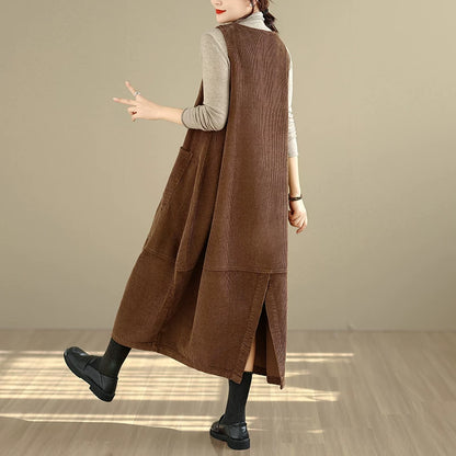 【ワンピース】スクエアネック コーデュロイ 綿100％ ロング丈 ノースリーブワンピース 冬用【AHシリーズ】