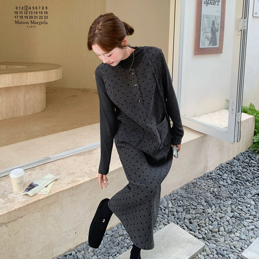 2点セット！【セットアップ】韓国風 ドット柄ウールベストワンピース＋インナートップス セット【JZシリーズ】