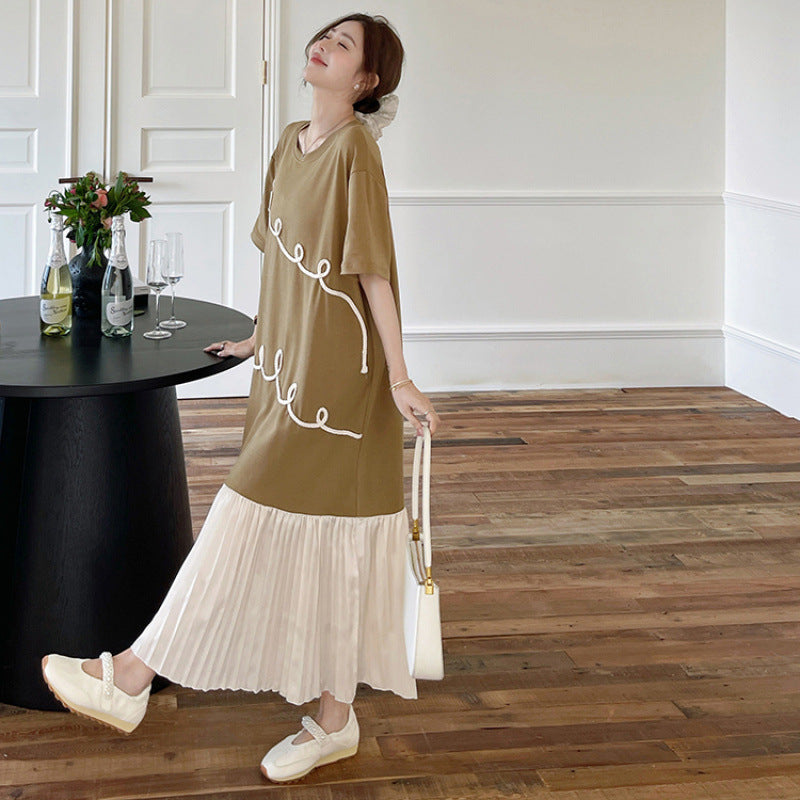 【ワンピース】☀️夏 新作 大きいサイズ レディース プリーツスカート 刺繍入り 重ね着風 半袖ワンピース ゆったり 体型カバー【JZシリーズ】