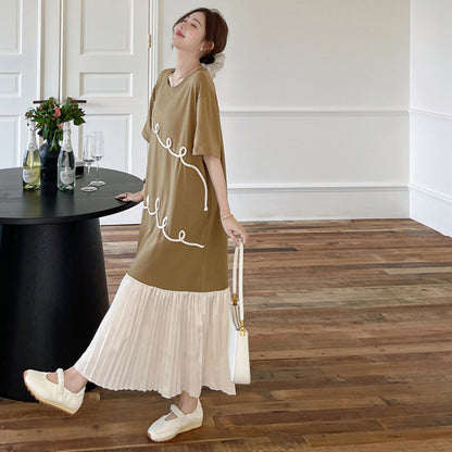 【ワンピース】☀️夏 新作 大きいサイズ レディース プリーツスカート 刺繍入り 重ね着風 半袖ワンピース ゆったり 体型カバー【JZシリーズ】