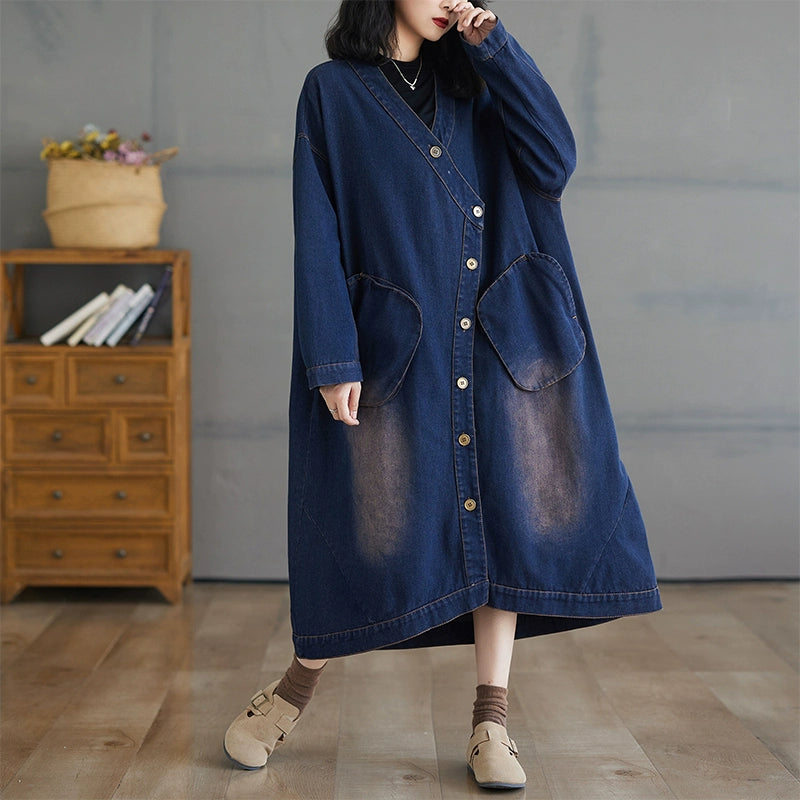 【ワンピース】春 秋 冬 ヴィンテージ風 カーディガン ウォッシュデニム 長袖 ワンピース 【SHシリーズ】