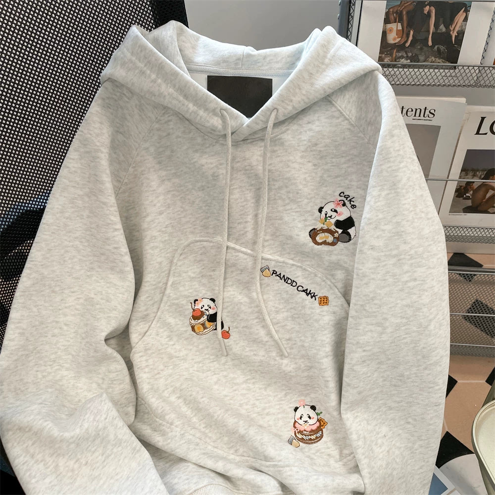 【トップス】韓国風 カレッジテイスト 🐼パンダ刺繍 裏起毛 厚手 フード付きスウェット レディース 冬 Panda【FCシリーズ】