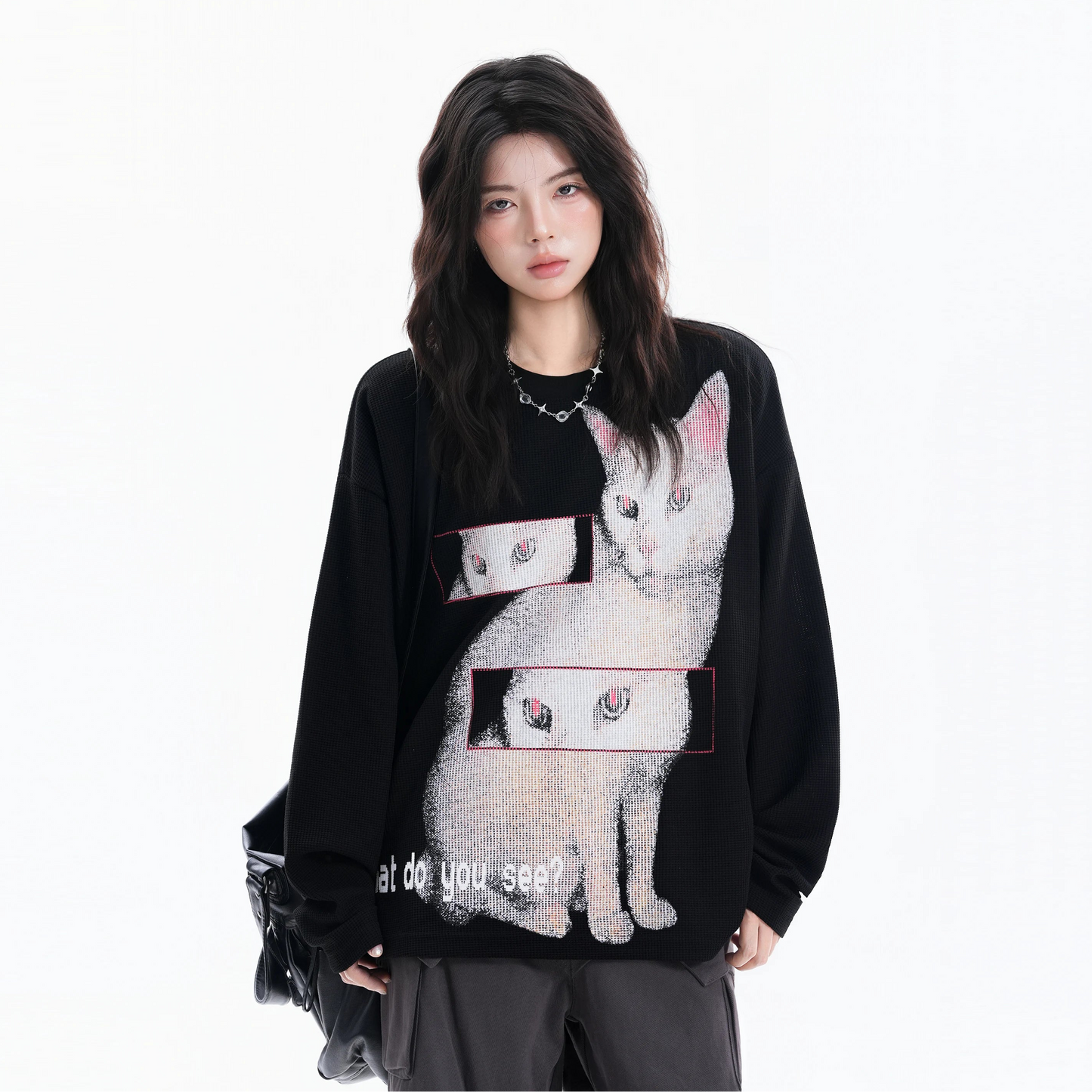 【トップス】猫柄 レディース クルーネック ストリート風 オーバーサイズ 長袖Tシャツ【FCシリーズ】
