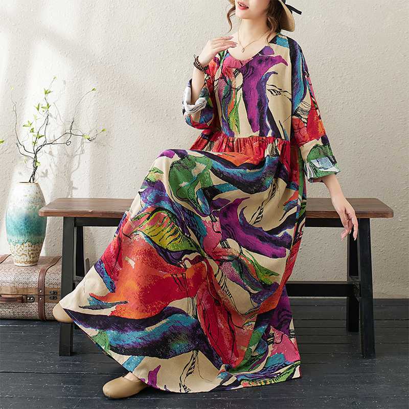 60%OFF⭐️期間限定【ワンピース】厚手 花柄 プリント 丸首 ゆったり 大きいサイズ 体型カバー 文芸風 リゾート 長袖 ロングワンピース【SHシリーズ】