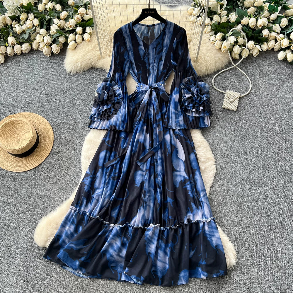 【ワンピース】フレンチ花柄ワンピース Vネック 長袖 立体フラワー フレアロング 着痩せ エレガント リゾートワンピ【SHシリーズ】