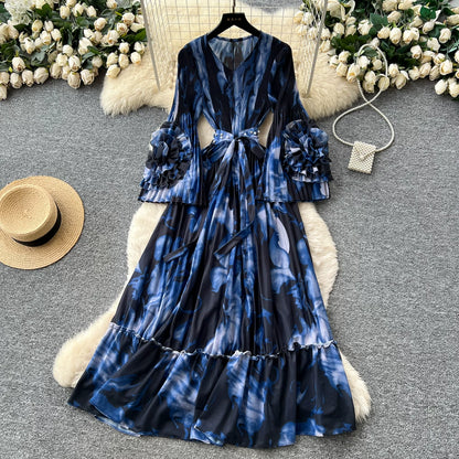 【ワンピース】フレンチ花柄ワンピース Vネック 長袖 立体フラワー フレアロング 着痩せ エレガント リゾートワンピ【SHシリーズ】