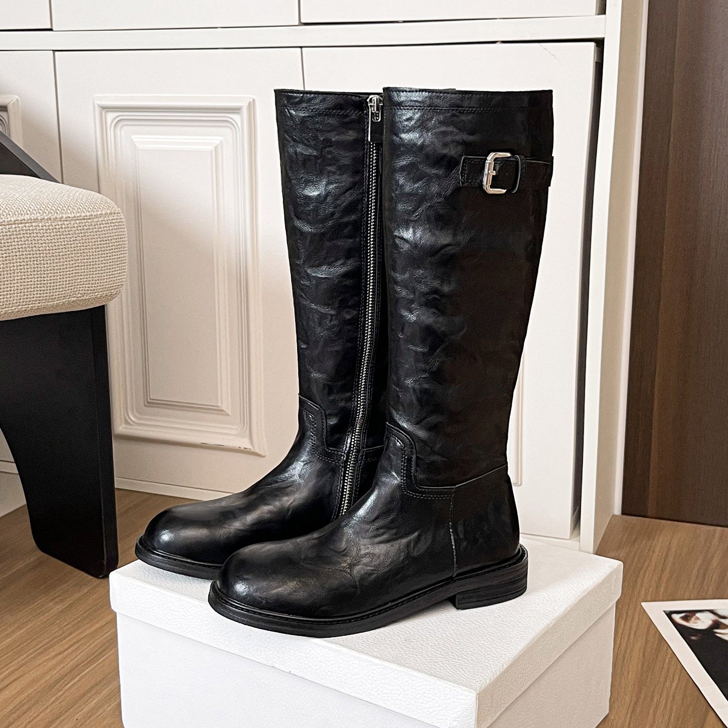 【シューズ】🌟ウォッシュドホースレザー厚底ブーツ💜中筒・長靴 サイドジッパー ベルト付き レディース 秋冬新作