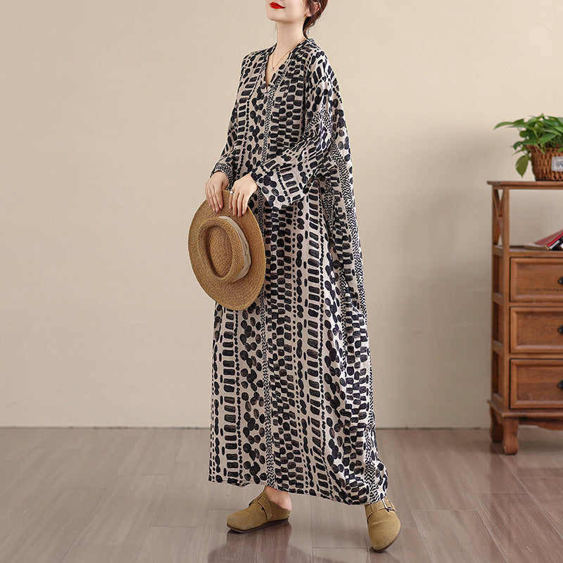 期間限定🍂60%OFF【ワンピース】レトロ花柄Vネックロングワンピース レディース 初秋新作 大きいサイズ リゾート 体型カバー シンプル【SHシリーズ】