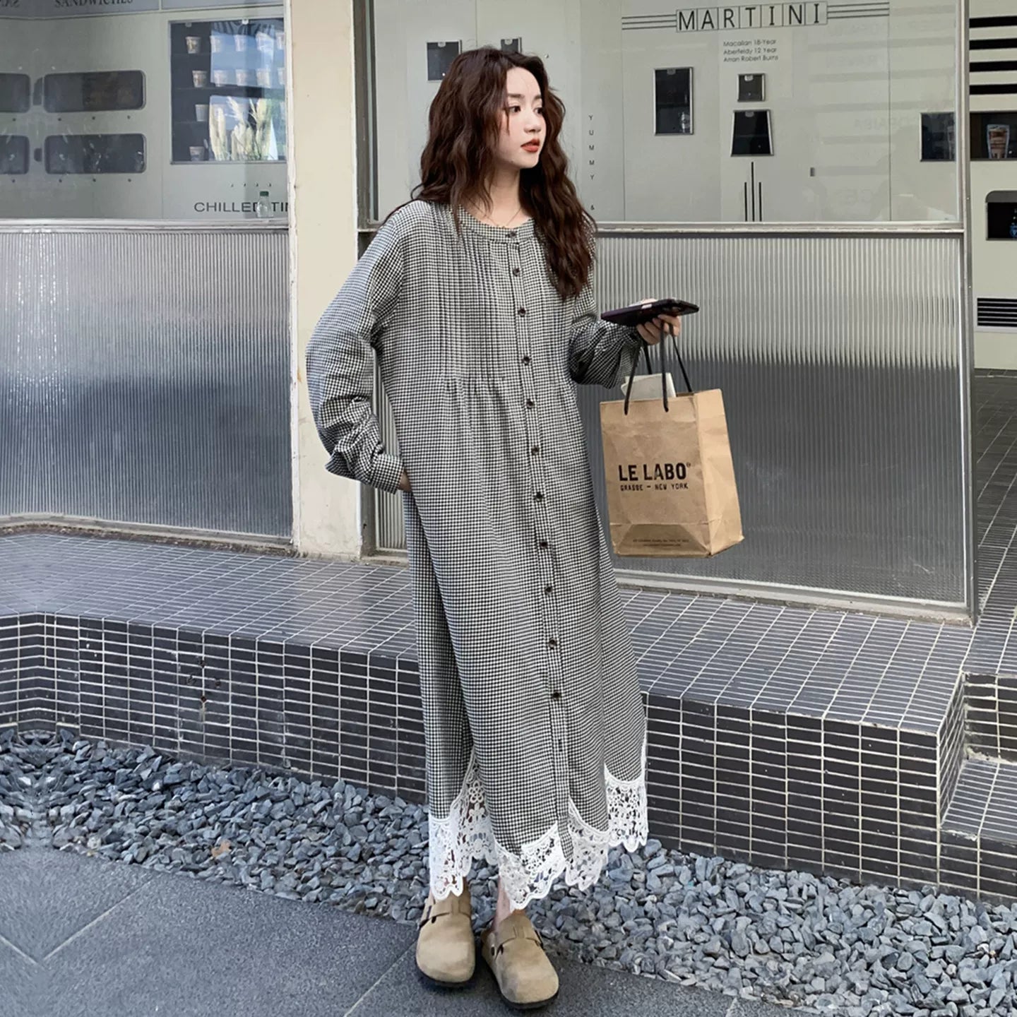 【ワンピース】 カジュアル ゆったり スウィート 若見え  レース チェック 長袖ワンピース【JZシリーズ】【SHシリーズ】