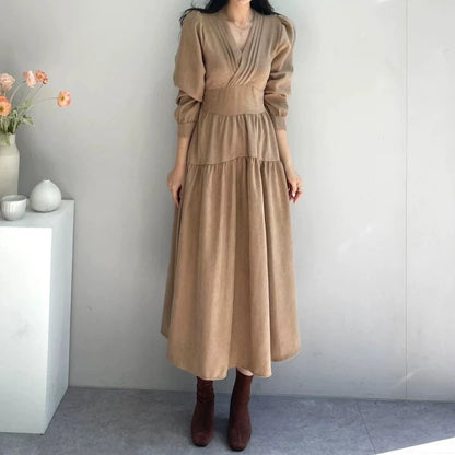 【24AW】【ワンピース】レトロ エレガント Vネック 長袖ワンピース