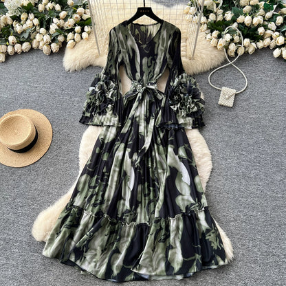 【ワンピース】フレンチ花柄ワンピース Vネック 長袖 立体フラワー フレアロング 着痩せ エレガント リゾートワンピ【SHシリーズ】