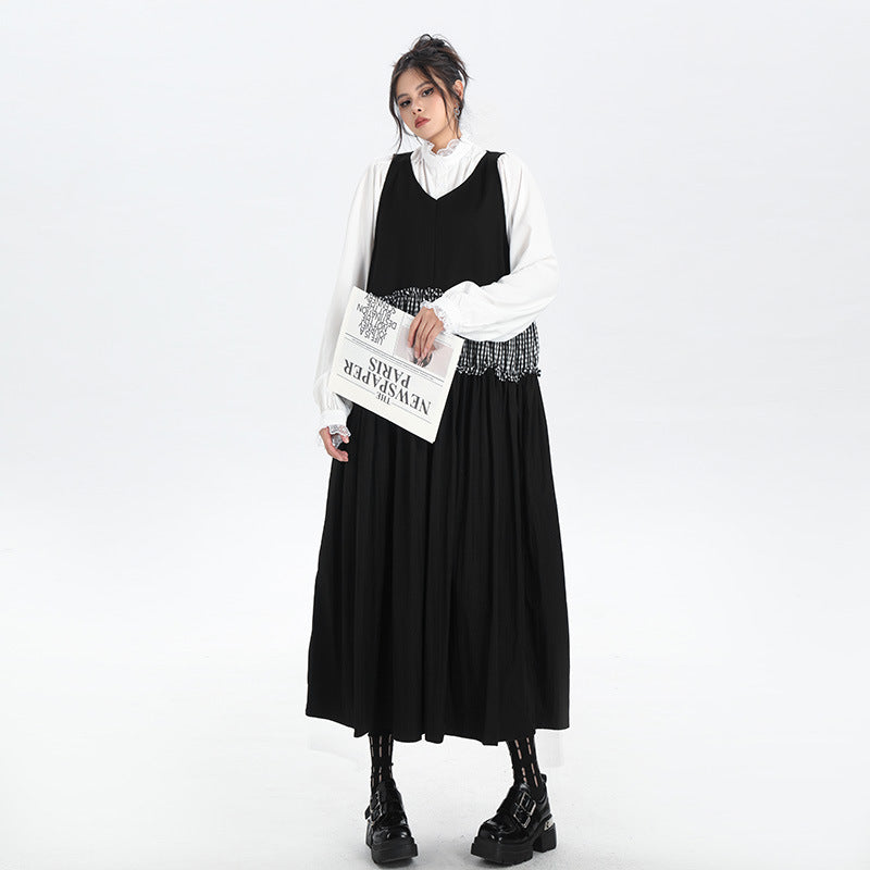 【ワンピース】春 秋 冬 Vネック チェック柄 配色 ロングノースリーブ ワンピース 【AHシリーズ】