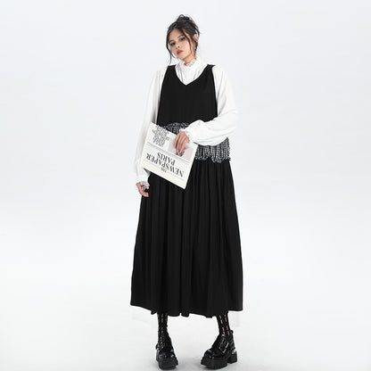 【ワンピース】春 秋 冬 Vネック チェック柄 配色 ロングノースリーブ ワンピース 【AHシリーズ】