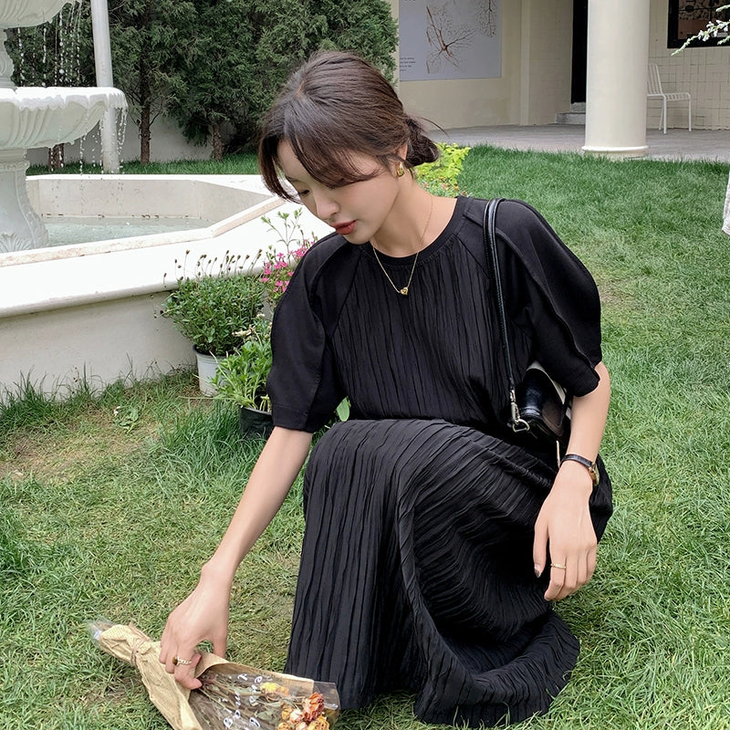 【ワンピース】高見えフレンチ風◎ブラックプリーツ 半袖ワンピース  ゆったり体型カバー【JZシリーズ】