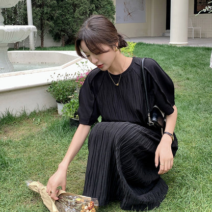 【ワンピース】高見えフレンチ風◎ブラックプリーツ 半袖ワンピース  ゆったり体型カバー【JZシリーズ】