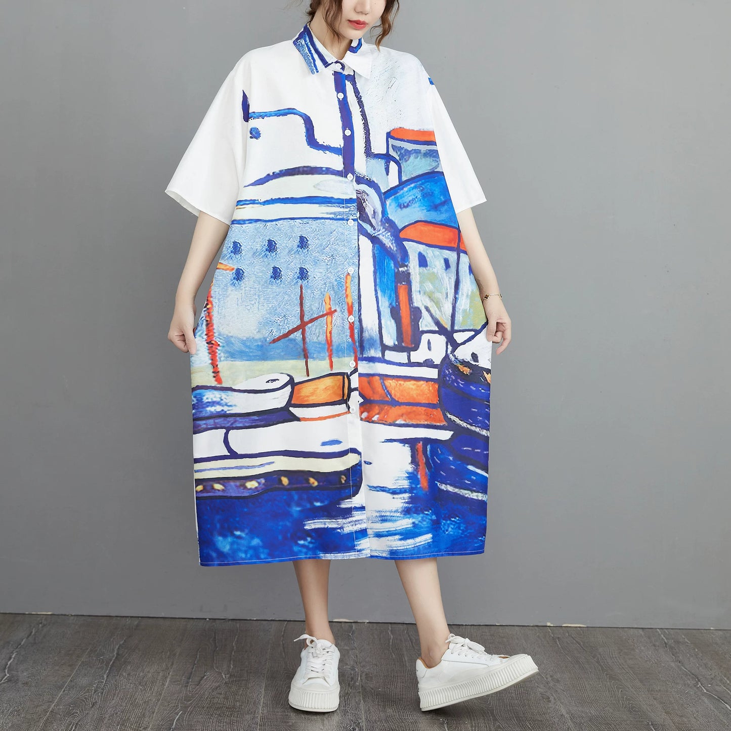 期間限定⭐60%OFF【ワンピース】着痩せ ワンピース 大きいサイズ シャツドレス レトロ柄 半袖 夏 ゆるシルエット ウエストマーク Aライン ロング丈 新作 お洒落 カジュアル【SHシリーズ】