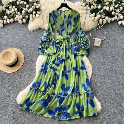 【ワンピース】フレンチ花柄ワンピース Vネック 長袖 立体フラワー フレアロング 着痩せ エレガント リゾートワンピ【SHシリーズ】