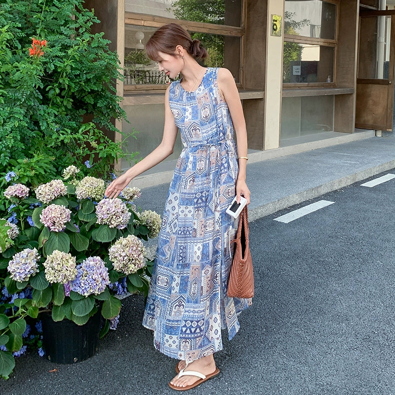【ワンピース】韓国風エレガント リゾート民族風プリントノースリーブワンピース 【SHシリーズ】