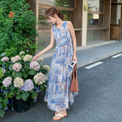【ワンピース】韓国風エレガント リゾート民族風プリントノースリーブワンピース 【SHシリーズ】