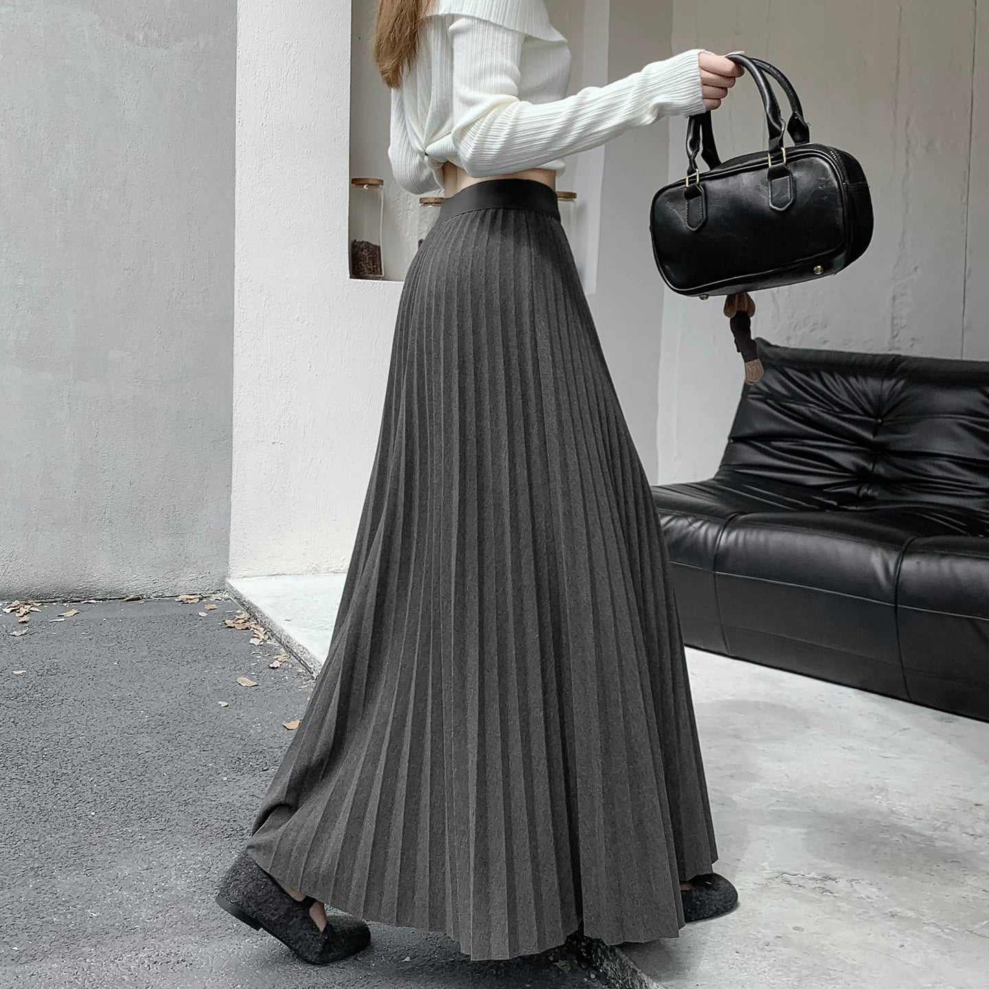 【ボトムス】エレガント ウール調 プリーツスカート 秋冬 Aライン ミディ丈 ヒップカバー 体型カバー【JZシリーズ】