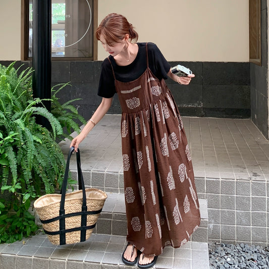 【ワンピース】韓国風ファッション カフェブラウン小花柄 ノースリーブキャミワンピース【SHシリーズ】