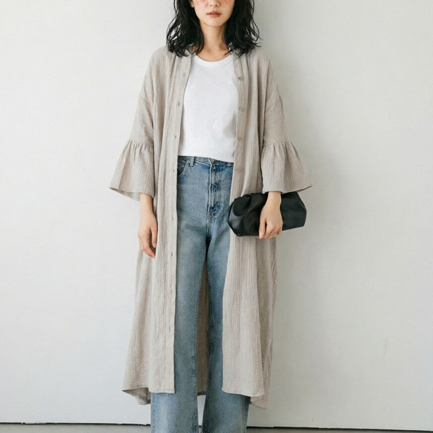 期間限定⭐️60%OFF【ワンピース】フレアスリーブ 無地 ゆったり シャツロング ワンピース  【JZシリーズ】
