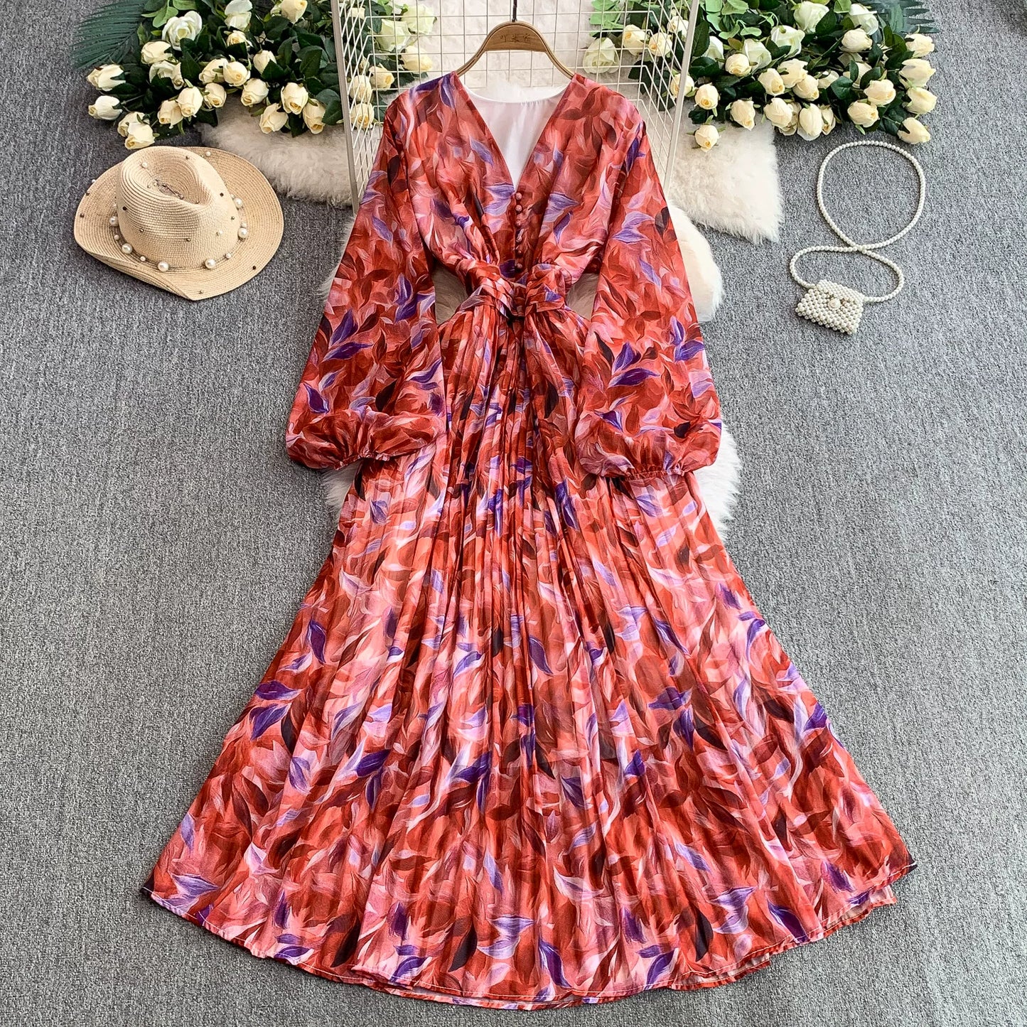 【ワンピース】大人フェミニン♡フレンチレトロ 長袖 花柄ワンピース｜ウエストマーク＆パフスリーブで細見え【SHシリーズ】