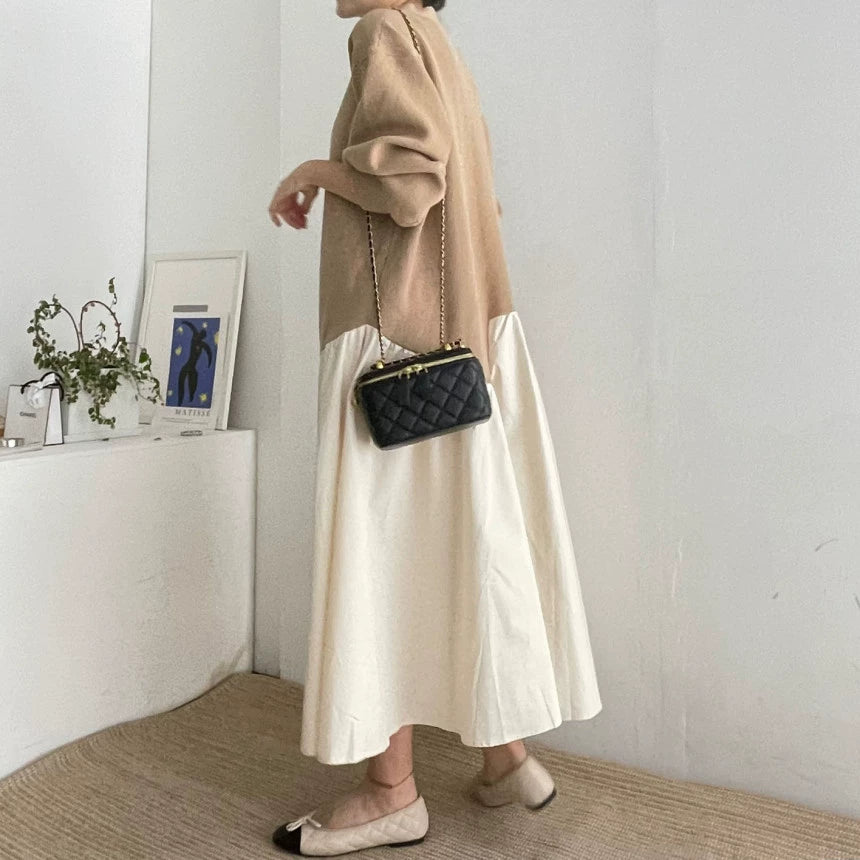 【24AW】【ワンピース】レジャー Vネック 配色 切り替え 長袖ワンピース