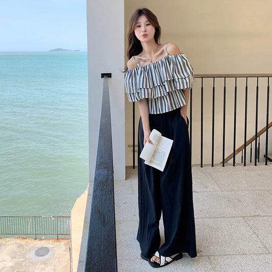 2点セット！【セットアップ】フリル付き ストライプ オフショルダーシャツ＋ワイドパンツ 上下セット 夏【JZシリーズ】