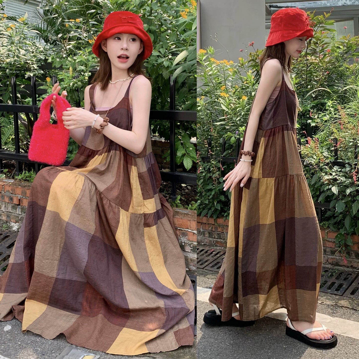 【ワンピース】夏新作 レトロ チェック柄 ゆったり カジュアル ノースリーブキャミワンピース【SHシリーズ】