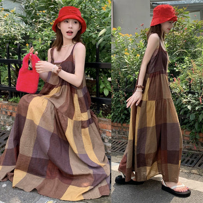 【ワンピース】夏新作 レトロ チェック柄 ゆったり カジュアル ノースリーブキャミワンピース【SHシリーズ】