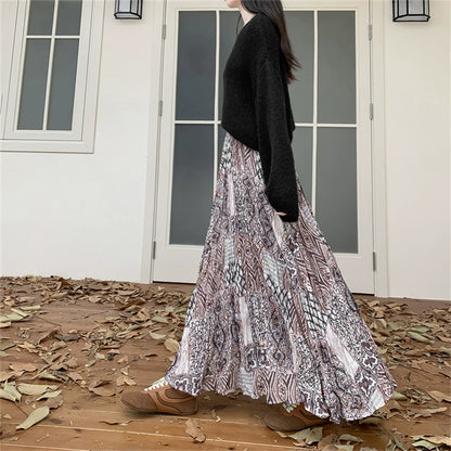 【ボトムス】脚長効果 お腹カバー レトロ柄 ロングスカート ゆったり Aライン フレアスカート【SHシリーズ】