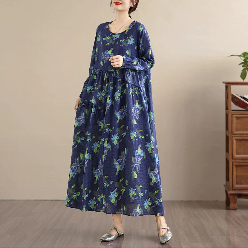 【ワンピース】アンティーク風 花柄 長袖 ロング ゆったり レーストリム ワンピース【SHシリーズ】