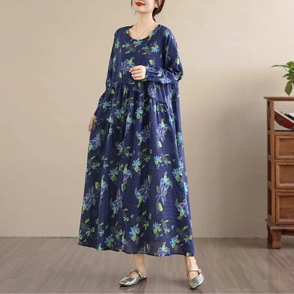 【ワンピース】アンティーク風 花柄 長袖 ロング ゆったり レーストリム ワンピース【SHシリーズ】