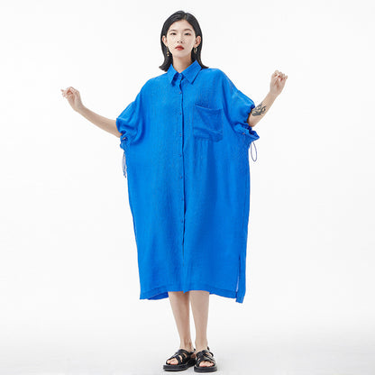 【ワンピース】韓国チック ギャザー 半袖 シャツワンピース レディース 夏 薄手 ロング丈 体型カバー おしゃれ 大人カジュアル【JZシリーズ】