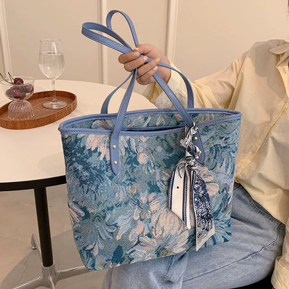 【バッグ】💙刺繍デザイン入り 大容量トートバッグ レディース 通勤 新作 おしゃれレトロ ボディバッグ