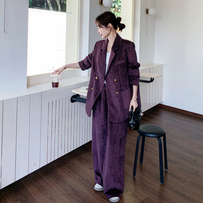 2点セット！【セットアップ】ライトラグジュアリー コーデュロイ 上下セット 2026春新作 ダブルブレスト ジャケット＆ワイドパンツ レディース【JZシリーズ】
