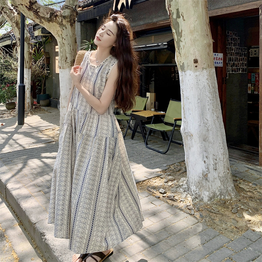 【ワンピース】夏 配色 花柄 韓国風スウィート 気質リゾート ノースリーブワンピース【SHシリーズ】