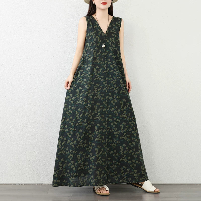 期間限定⭐️60%OFF【ワンピース】インポート風 ノースリーブ ワンピース レディース 夏 リネンコットン 花柄 Vネック ロング丈 ゆったり 体型カバー 薄手【SHシリーズ】