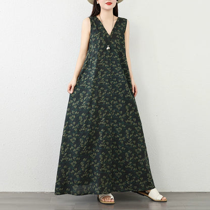 期間限定⭐️60%OFF【ワンピース】ミニマル Vネック ワンピース レディース ノースリーブ 夏 リネンコットン 花柄 ロング ゆったり ナチュラル【SHシリーズ】