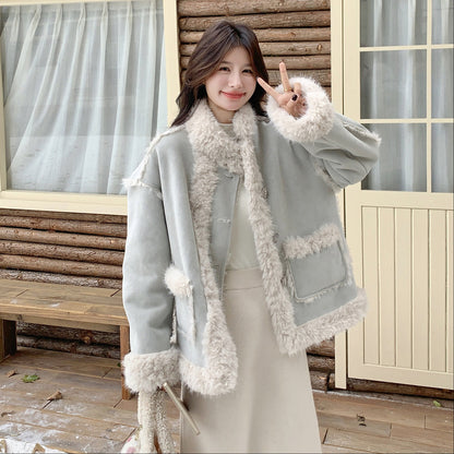 【アウター】甘め フェイクムートン厚手保温アウター 2025冬 若見え 防風 ハイネック ボアトップス レディース【JZシリーズ】