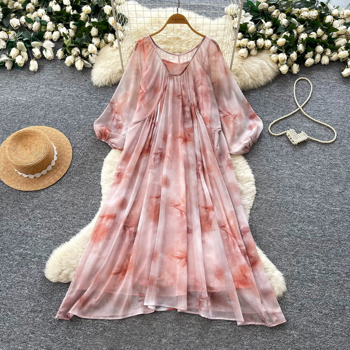 【ワンピース】大人上品フレンチワンピース レディース 夏新作 花柄 長袖 ロング丈 ゆったり きれいめ【SHシリーズ】