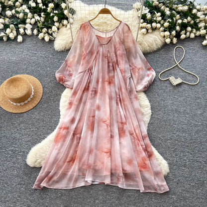 【ワンピース】大人上品フレンチワンピース レディース 夏新作 花柄 長袖 ロング丈 ゆったり きれいめ【SHシリーズ】