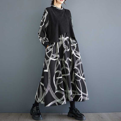 【ワンピース】春秋 個性柄 カジュアル レイヤード風 長袖ワンピース【SHシリーズ】