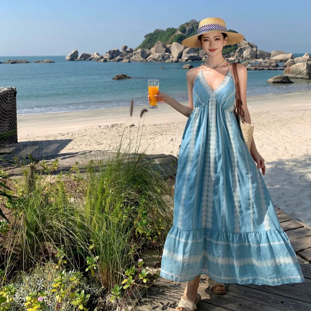 【ワンピース】リゾート風 ライトブルー 刺繍ワンピース レディース 夏 ホルターネック ノースリーブ ロング丈 バックオープン 大人上品【SHシリーズ】