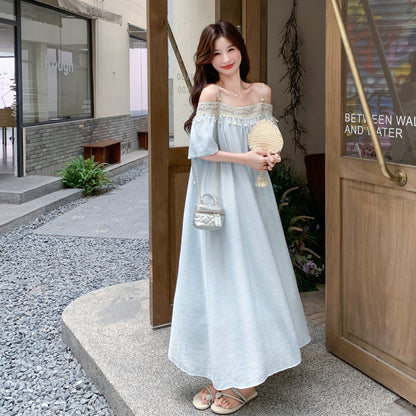【ワンピース】ロマンチックバカンス風 ゆったりオフショルダー フリンジ ノースリーブワンピース