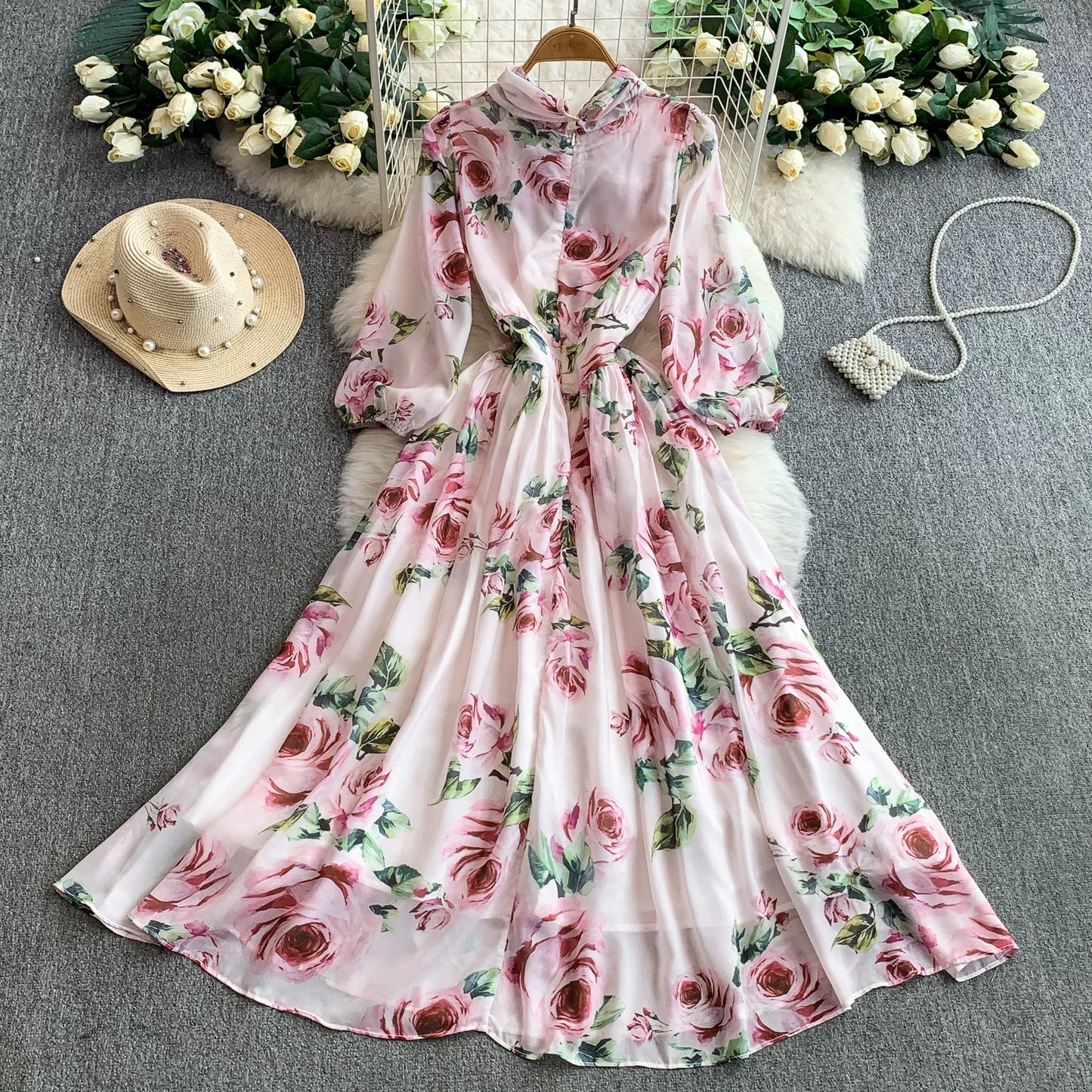 【ワンピース】大人可愛い♡フレンチバカンス風 長袖 花柄ロングワンピース｜着痩せVネック＆リボン付き【SHシリーズ】