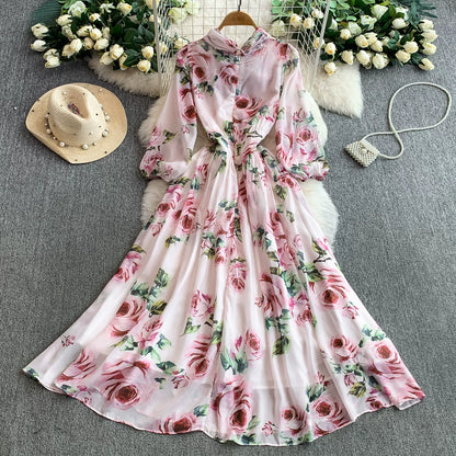 【ワンピース】大人可愛い♡フレンチバカンス風 長袖 花柄ロングワンピース｜着痩せVネック＆リボン付き【SHシリーズ】