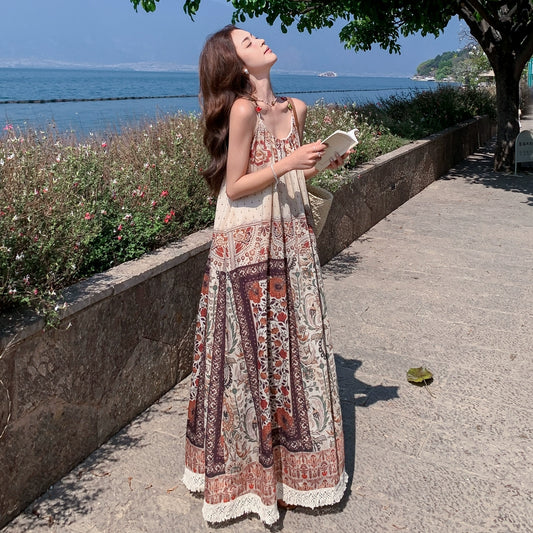 【ワンピース】夏新作 ボヘミアンプリント ノースリーブキャミワンピース リゾートビーチスタイル【SHシリーズ】