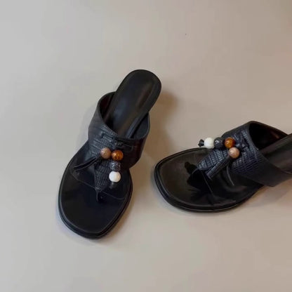 【シューズ】ヴィンテージ風 ビーズフリンジ トングサンダル 外履き リゾートローマ風